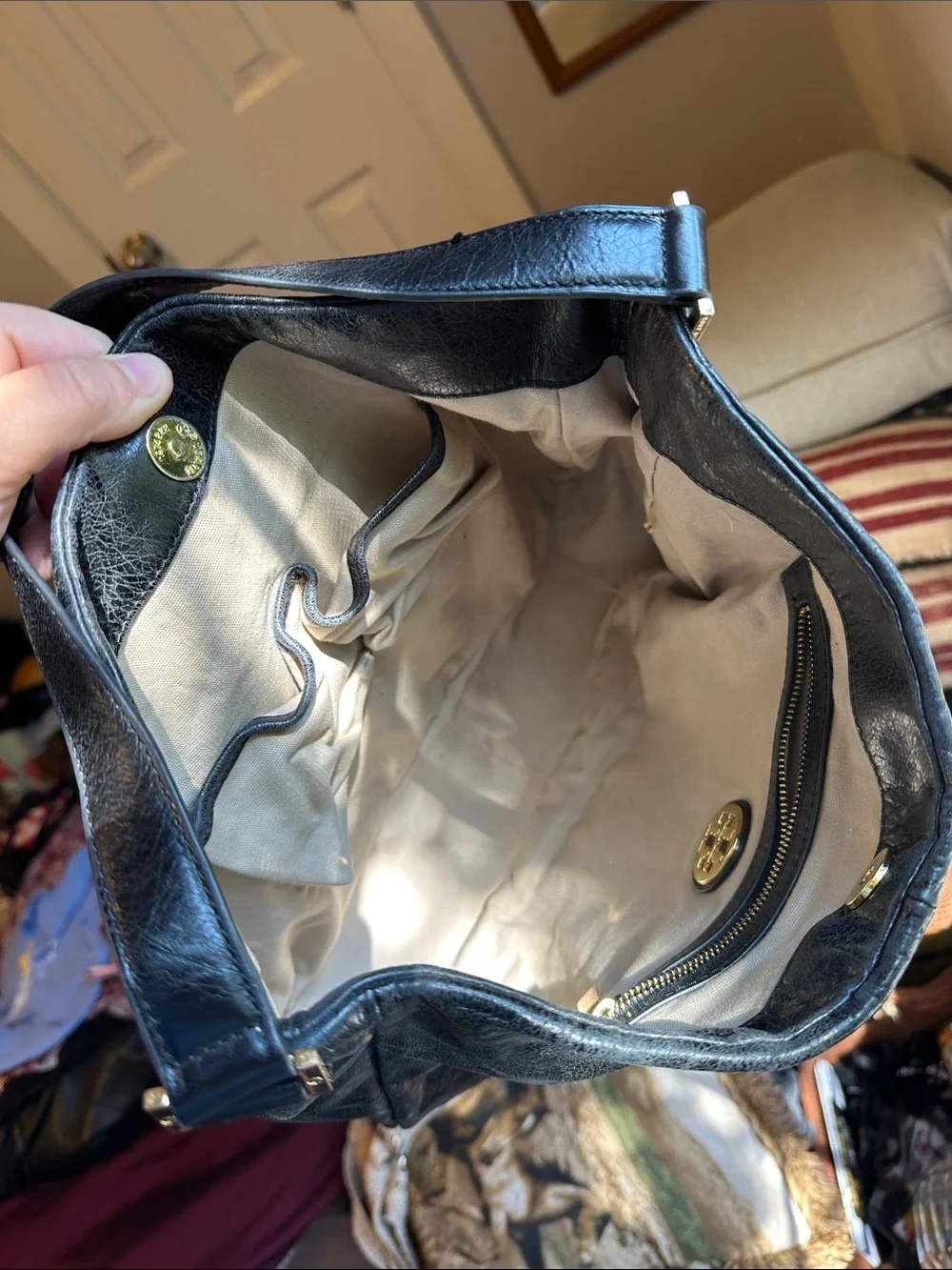 Tory Burch Shiny Black Leather Shoulder Hobo with Logo Medallion